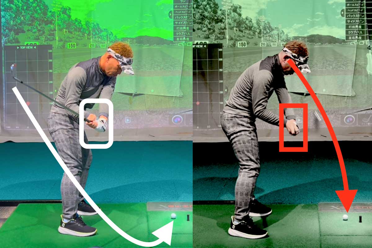 飛球線後方から見て斜めのスイングプレーンのヨコの要素、つまり「グリップの深さ」があるトップからダウンスイングするほど、インサイドアウト軌道でインパクトしやすくなる