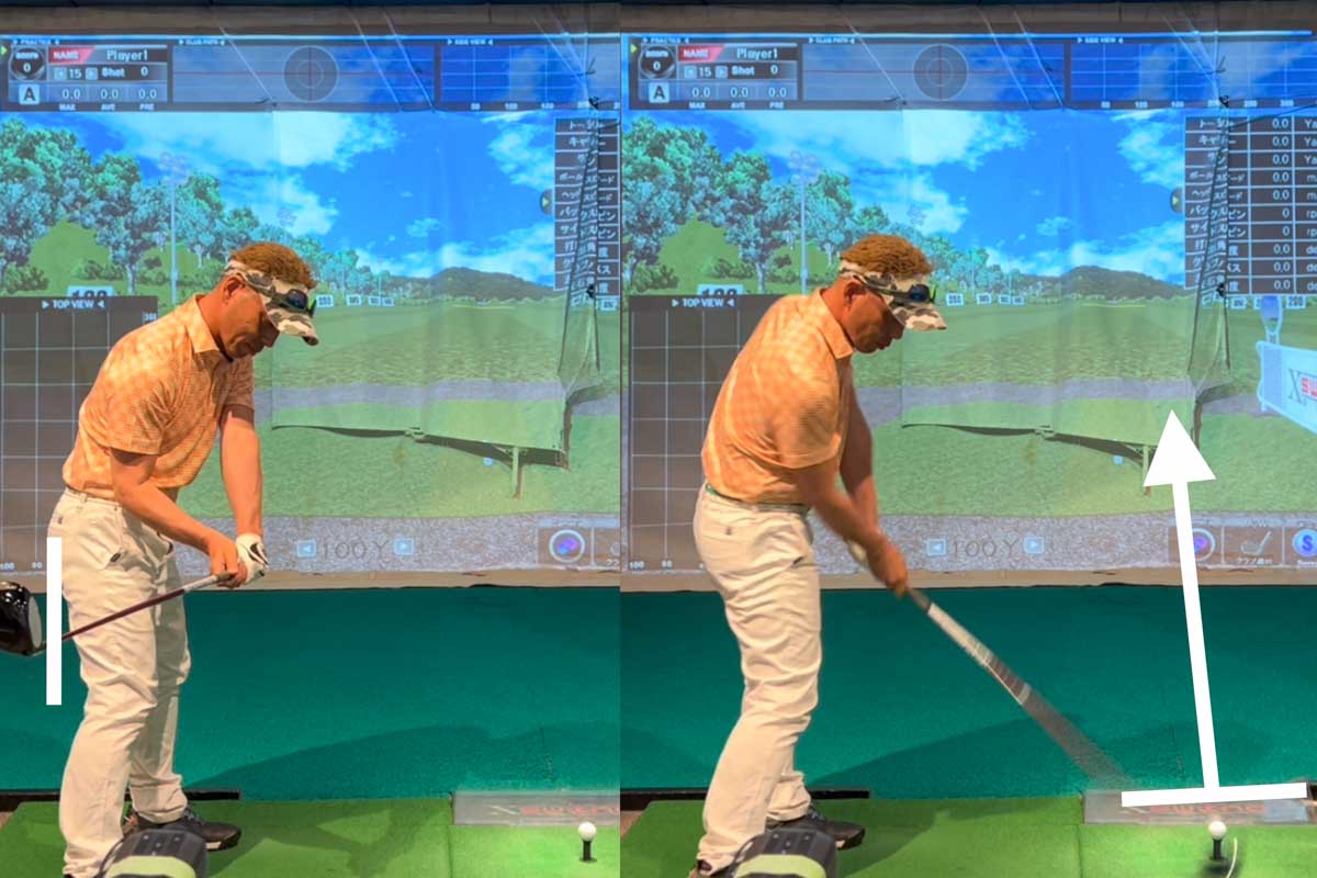 ダウンスイングで「ヘッドを手元よりも後ろ」かつ「フェースが空を向かない」ようにすると、インパクトでフェースが真っすぐ当たり、打ち出し方向が左右にブレづらくなる