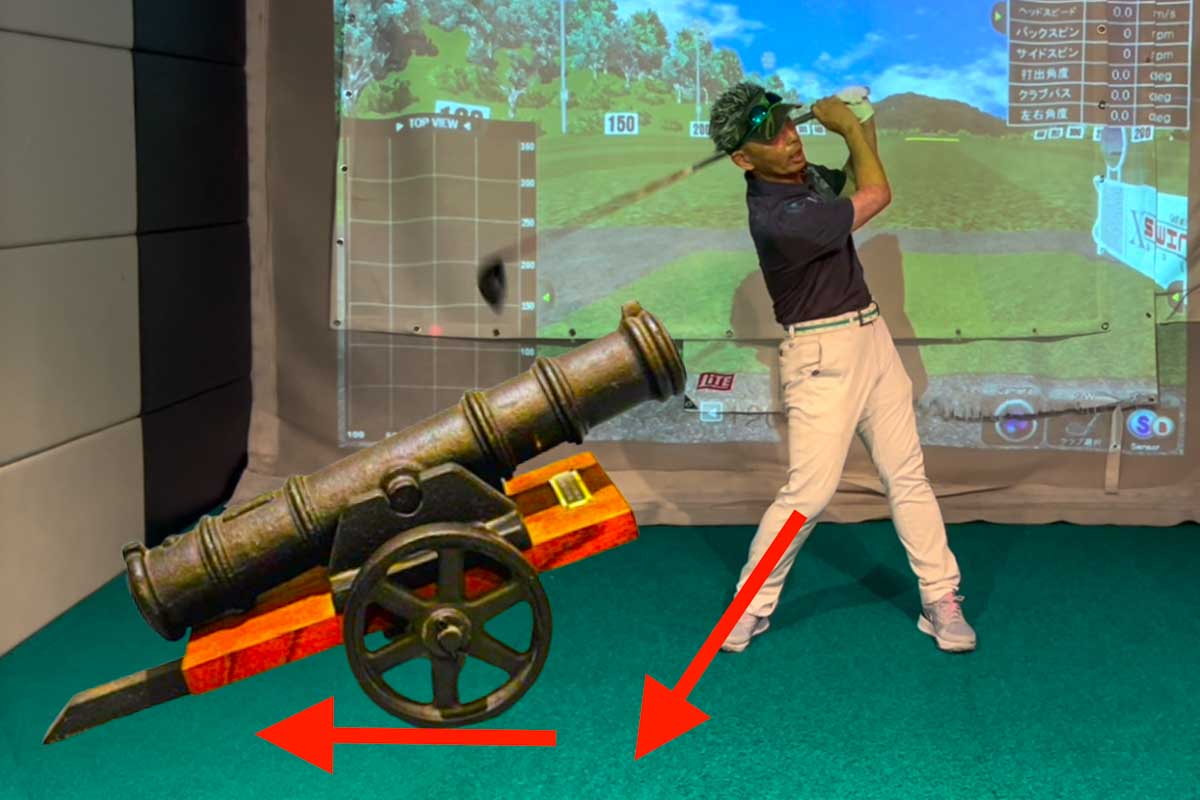 発射の勢いで台座が後ずさりする様子に似ていることから、右足に体重が残ったままフィニッシュしてしまうスイングを「明治の大砲」と呼ぶ