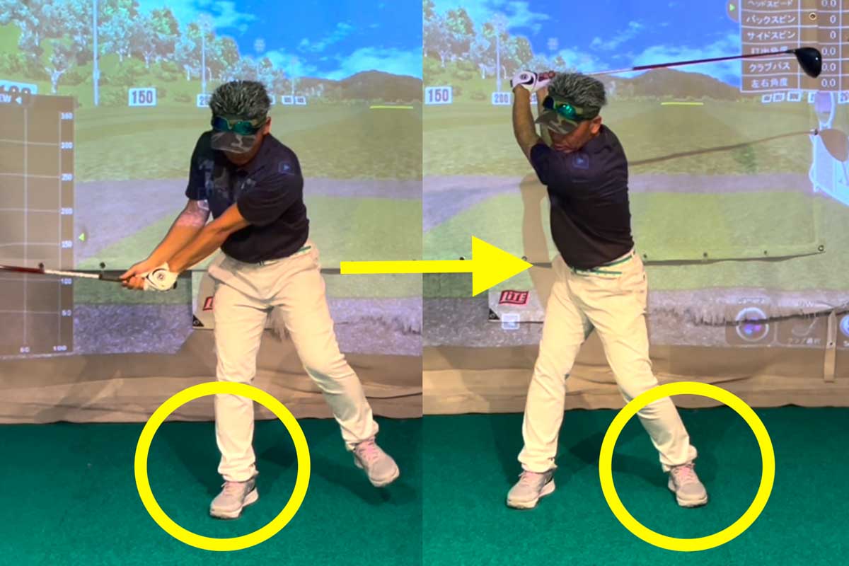 バックスイングの途中からは、左足にも体重をかけるつもりでトップを作るドリルがオススメ