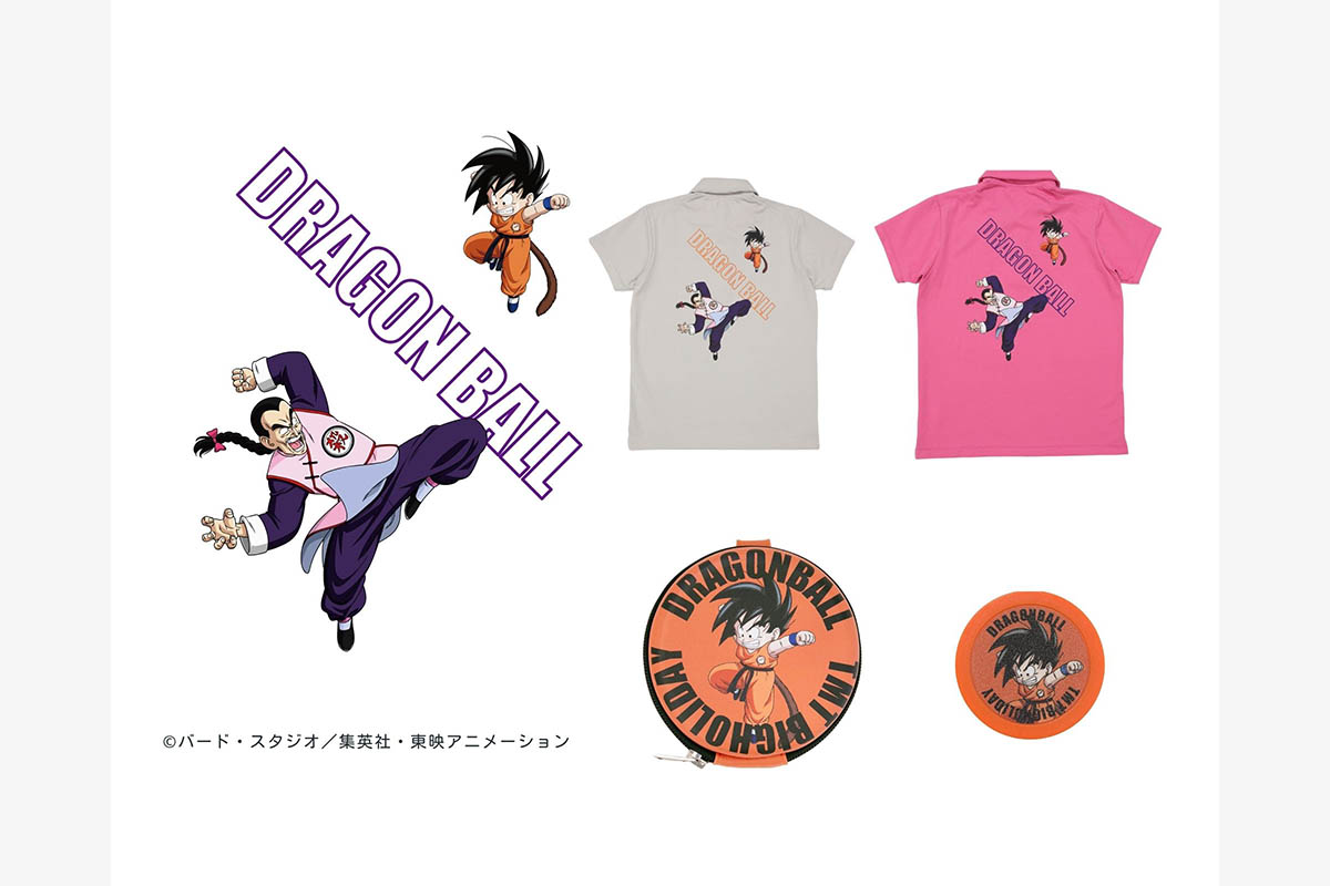 TMT×DRAGON BALL ポロシャツ（悟空＆桃白白）／PINK,GRAY／¥13,200（tax in)  TMT×DRAGON BALL 丸型ポーチ（悟空）／¥3,300（tax in) 　  TMT×DRAGON BALL コイン型ボールマーカー（悟空）／¥1,100（tax in)　画像：TMT