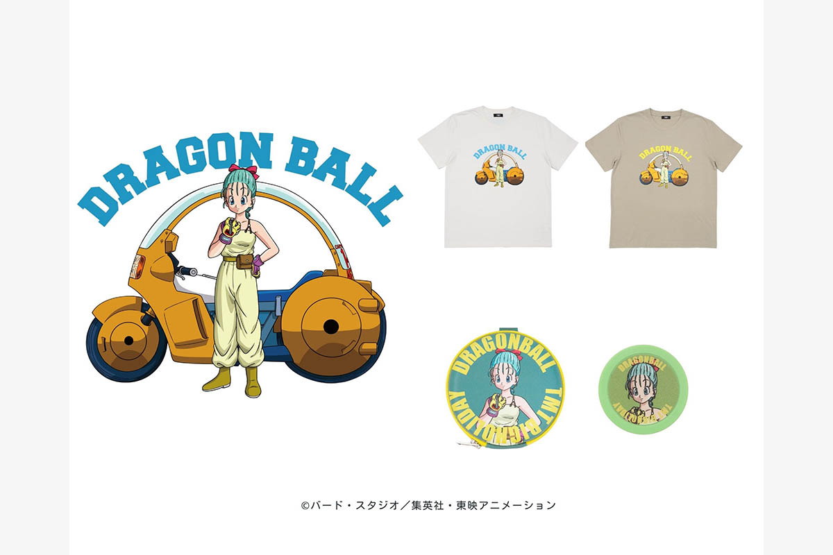 TMT×DRAGON BALL コットンTシャツ（ブルマ②）／WHITE,KHAKI／¥8,800（tax in)  TMT×DRAGON BALL 丸型ポーチ（ブルマ②）／¥3,300（tax in)  TMT×DRAGON BALL コイン型ボールマーカー（ブルマ②）／¥1,100（tax in)　画像：TMT