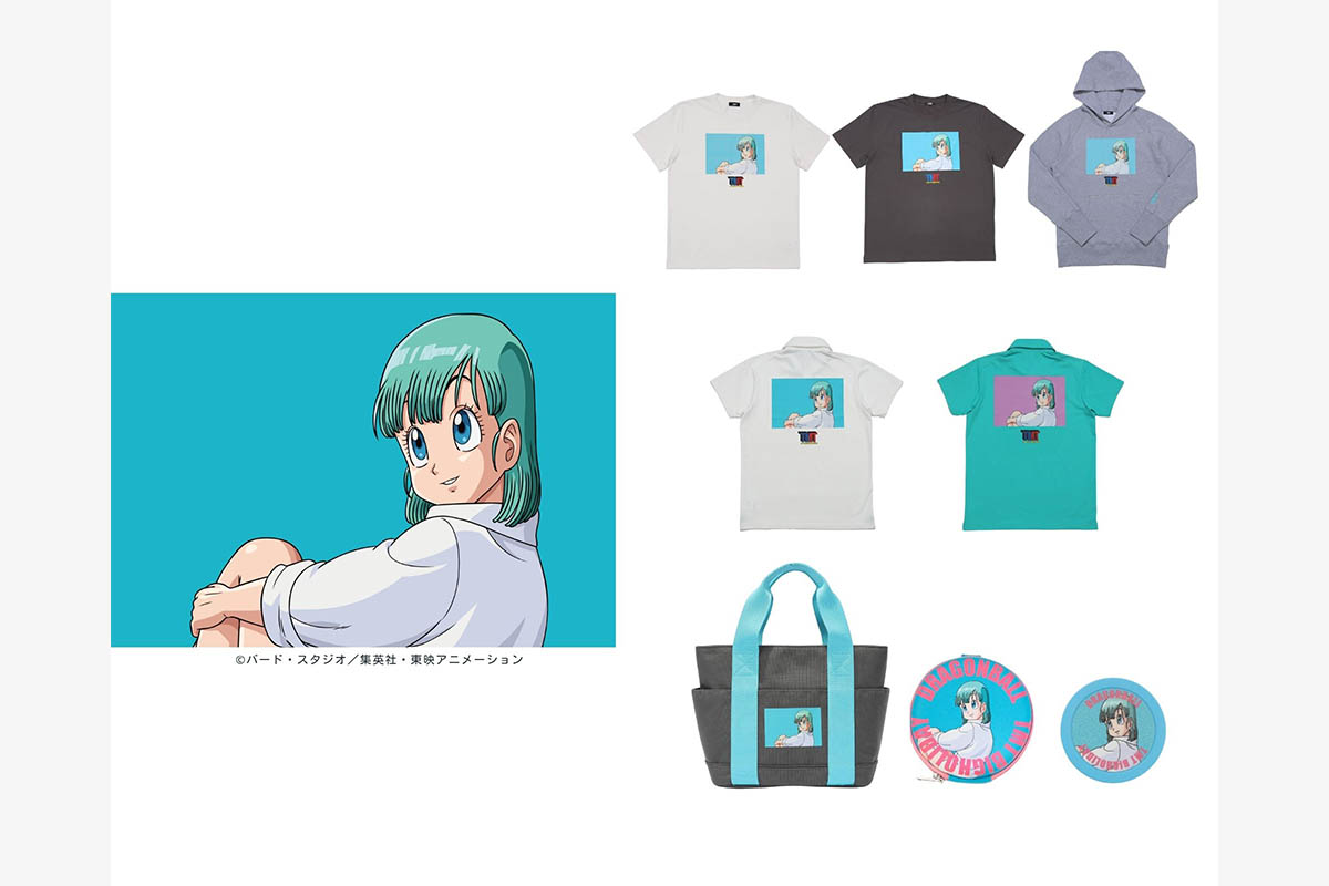 TMT×DRAGON BALL コットンTシャツ（ブルマ①）／WHITE,CHACOAL／¥8,800（tax in)  TMT×DRAGON BALL パーカー（ブルマ①）／TOP GRAY／¥19,800（tax in)  TMT×DRAGON BALL ポロシャツ（ブルマ①）／WHITE,TURQUOISE／¥13,200（tax in)  TMT×DRAGON BALL トートバッグ小（ブルマ①）／¥9,900（tax in)  TMT×DRAGON BALL 丸型ポーチ（ブルマ①）／¥3,300（tax in) 　  TMT×DRAGON BALL コイン型ボールマーカー（ブルマ①）／¥1,100（tax in)　画像：TMT