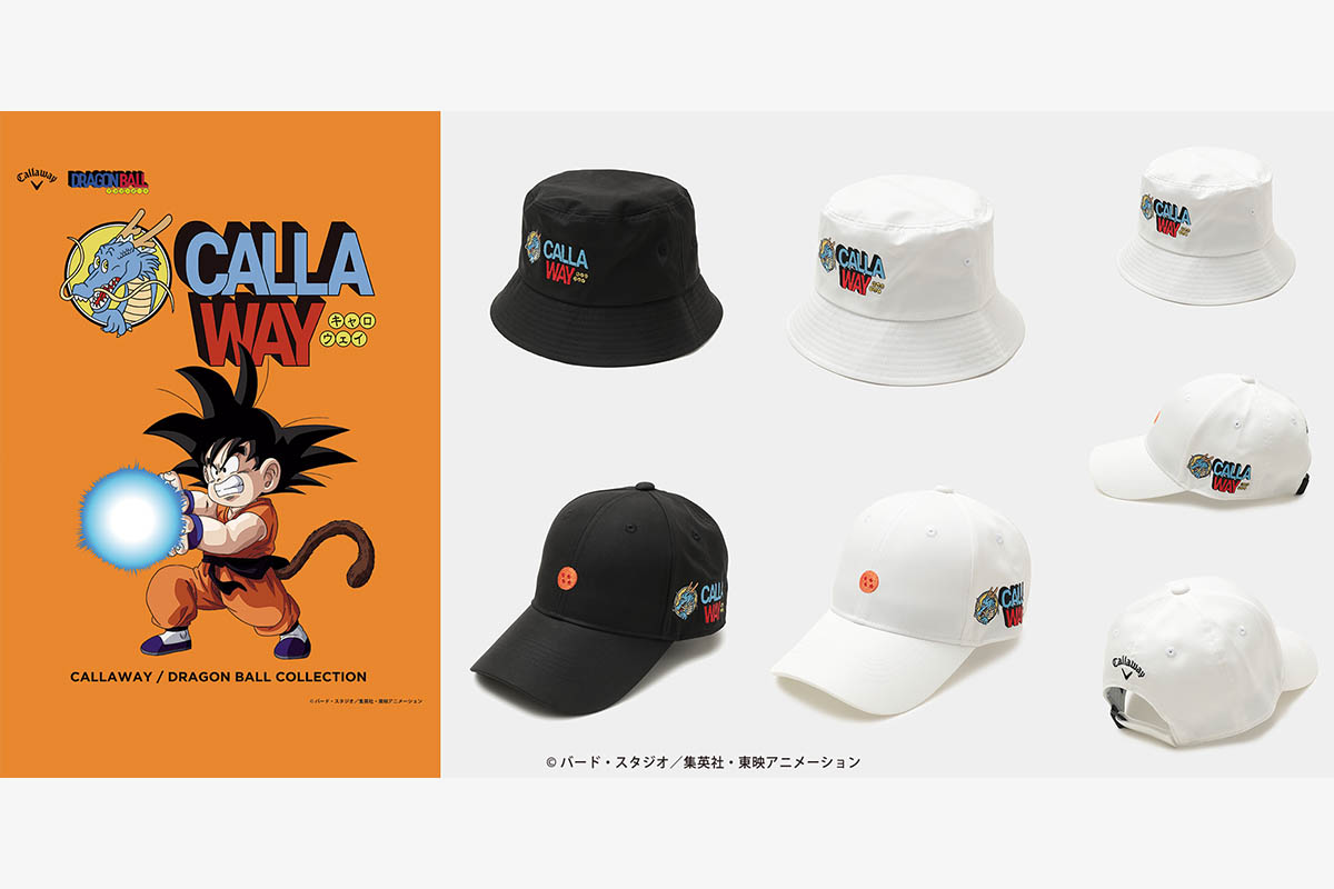 【上：ドラゴンボール / ロゴ刺繍バケットハット 】価格：￥9,790（税込）サイズ：Free　カラー：ホワイト / ブラック【下：ドラゴンボール / 四星球刺繍キャップ 】価格：￥8,960（税込）サイズ：Free　カラー：ホワイト / ネイビー / ブラック　画像：キャロウェイ
