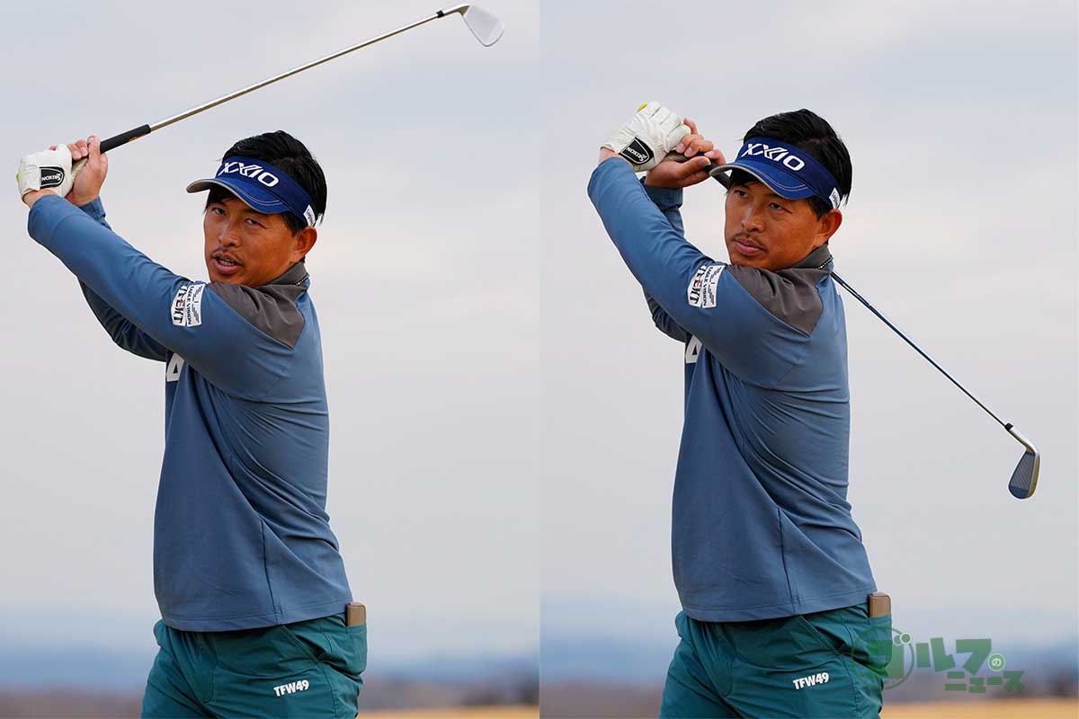 トップまで上げたら、一度動きを止めて手首の力を抜く。クラブヘッドがダランと下がる　写真:鈴木祥