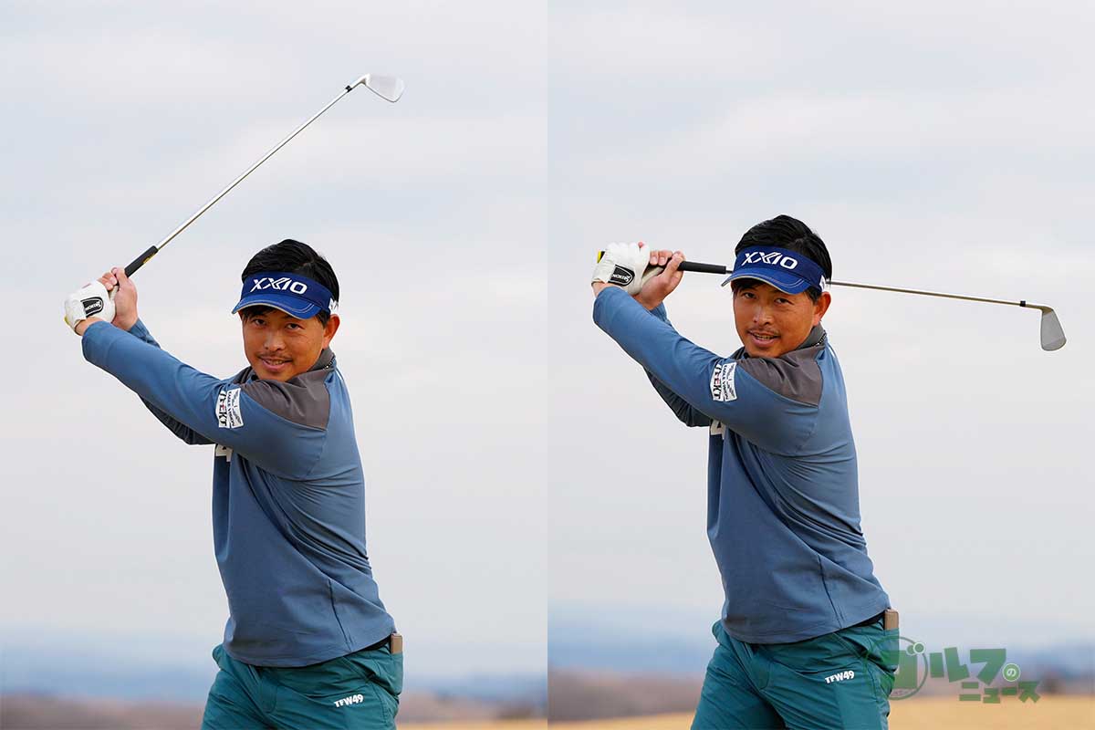 小さめのスイングでも同じようにトップで動きを止めて、手首の力を抜いて、ヘッドを垂らしてみる　写真:鈴木祥