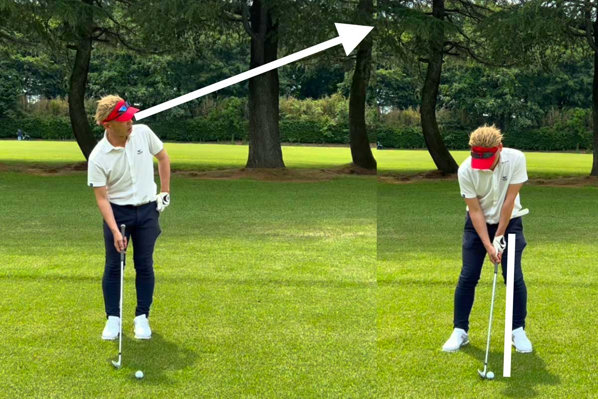 目の前の障害物を十分に越える「高い球」を打つ場合には、インパクト時のロフトが大きくなるようにボール位置を左に置き、ハンドファーストを少なくして構える