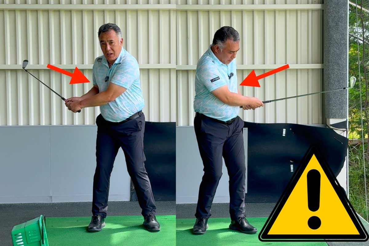 両ヒジを上体につけてスイングしてしまうと、スイング半径は小さくなり、「ヒジ引け」を助長してミスショットになる危険が高まる