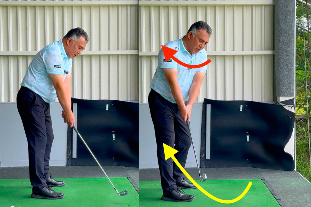 腕とクラブを真っすぐ引く意識だけでは、実際のスイングで体の回転が加わったときにインサイドにクラブが上がり過ぎてしまう