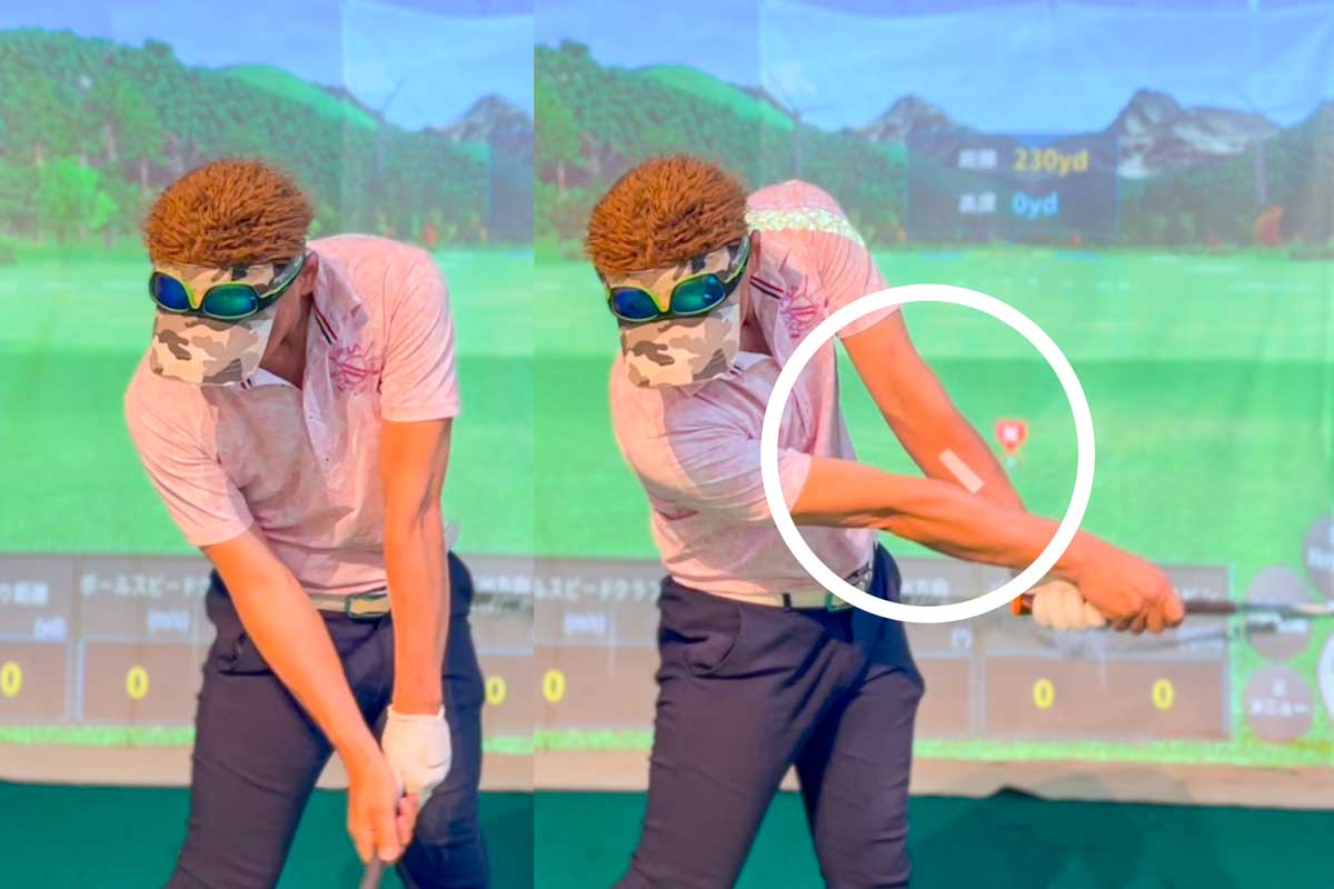 左前腕の内側にテープなど目印をつけてスイングを正面からチェックしてみる。インパクト以降に目印が見えれば正しくフェースを返せていることになる