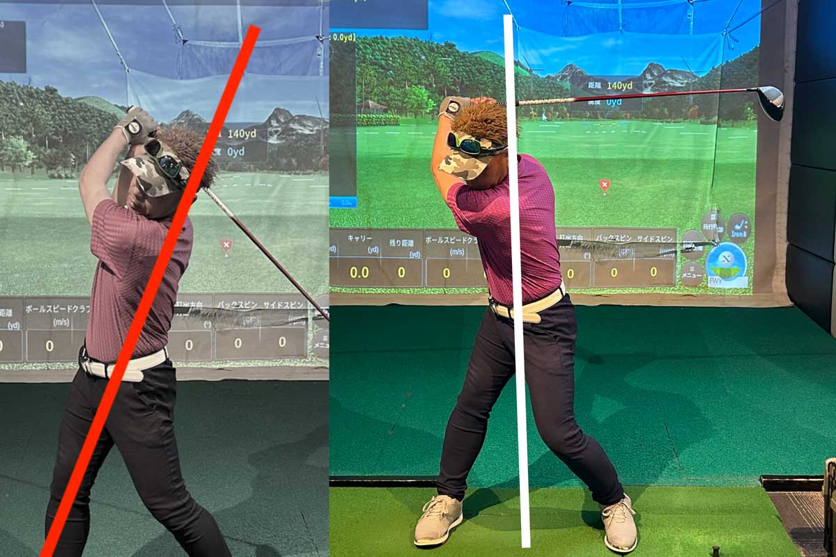 上半身を反らすのではなく、右肩が頭の後ろに回り込むように捻転する