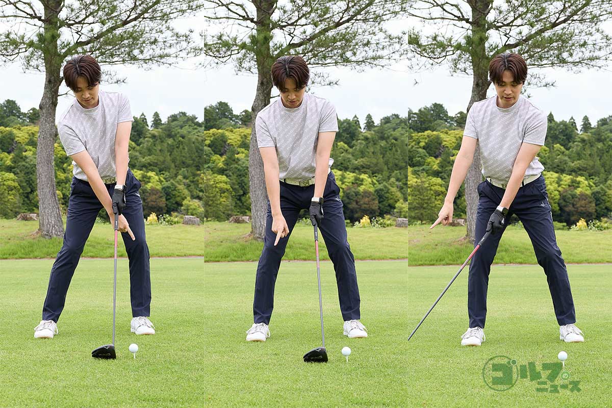 左右の体重配分を5:5にしてアドレスし、左足に加重。続いて右足に加重した後に手元、クラブを動かす。クラブヘッドを最後に動かすイメージを持つと体主体のスイングがしやすくなる　写真:西村恵