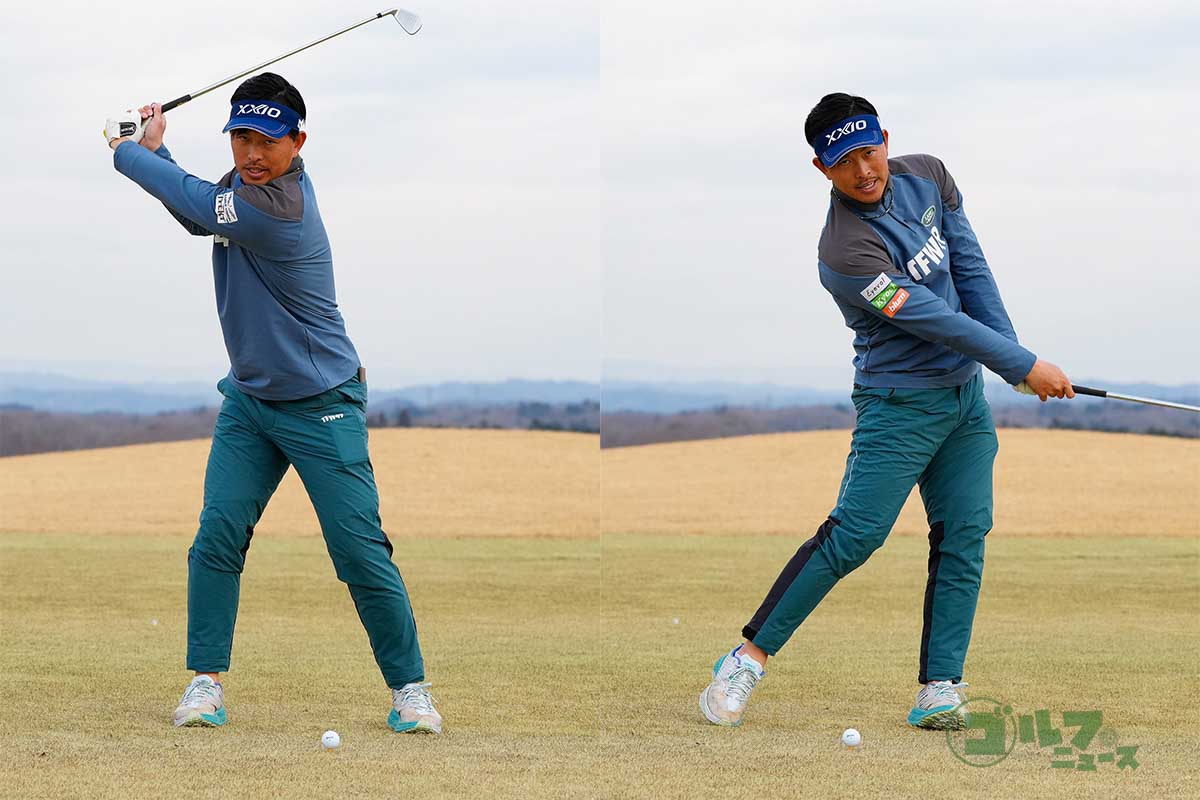 バックスイングでは上体を右に回しながら、右足に体重を乗せ、ダウンスイング以降は、上体を左に回しながら、左足に体重を乗せていく　写真:鈴木祥