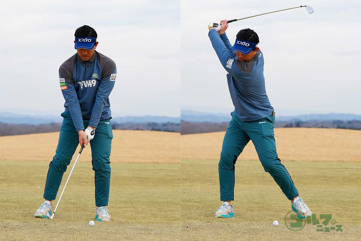 バックスイングと同時に右足を右にスライドし、ダウンスイングの前に左足を左にスライドする　写真:鈴木祥