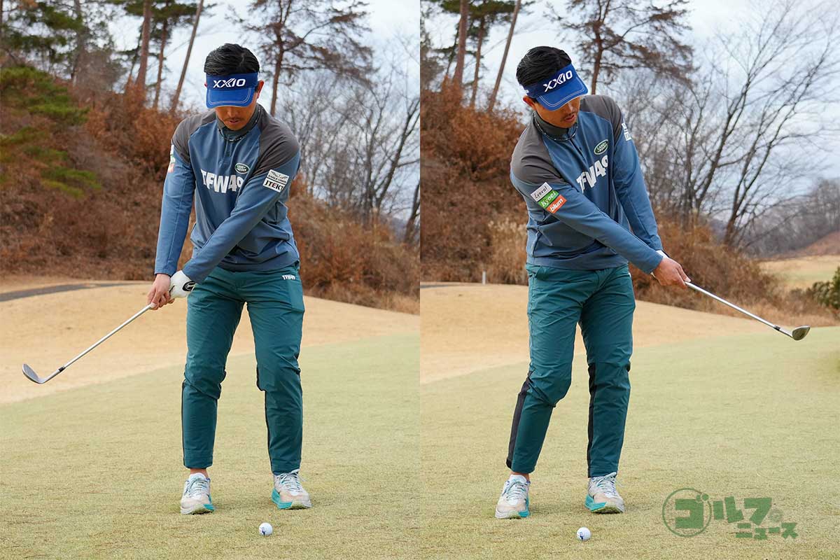 グリップエンドをヘソに当て、シャフト部分を握る。その形のまま素振りを数回行う。常にクラブヘッドが体の正面にあることを確認する　写真:鈴木祥