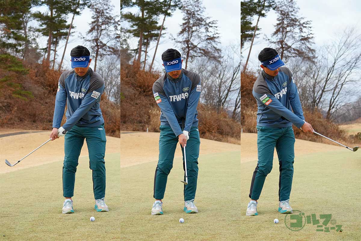 グリップエンドをヘソに当て、シャフト部分を握る。そのままヘッドが体の正面にあることを確認しながら素振りを数回行う　写真:鈴木祥