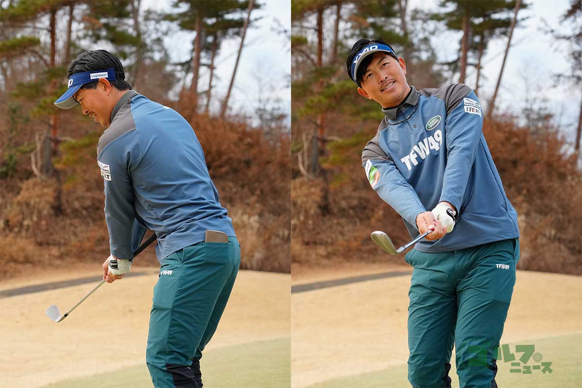 アプローチが苦手な人は、打つ前にグリップエンドをヘソにつけた素振りを数回行う　写真:鈴木祥