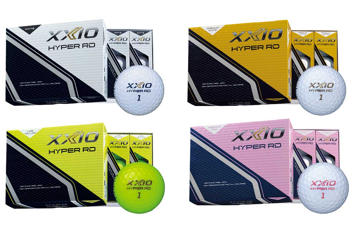 「XXIO HYPER RD（ゼクシオ ハイパー RD）」。左上から時計回りにホワイト、プレミアムホワイト、プレミアムピンク、ライムイエロー