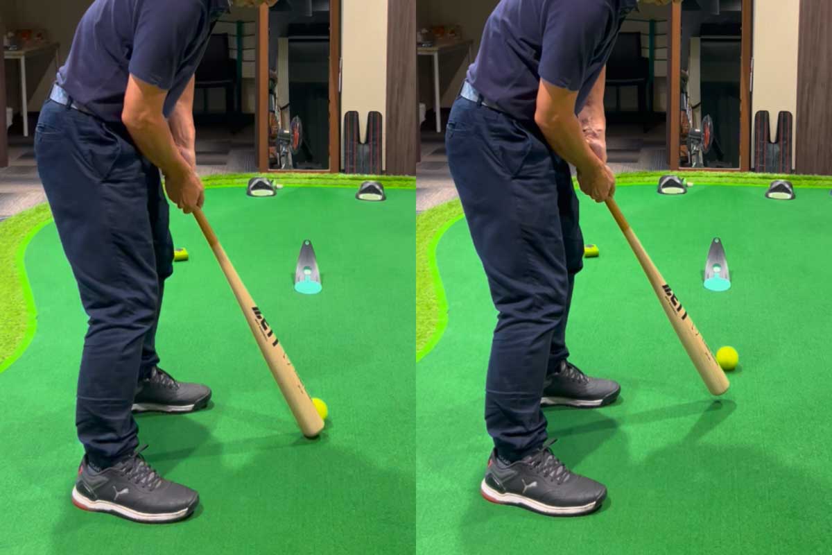一般的なパターとほぼ同じ長さのバットで行うパッティングは、手首を過剰に使わずゆっくりしたテンポでストロークしやすい