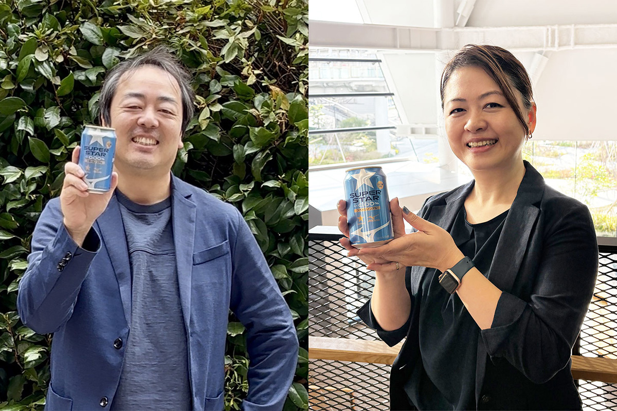 「サッポロ SUPER STAR」の開発に携わった2人。サッポロビール顧客体験デザイン部 新井健司さん（左）と、ミズノ総合企画室兼グローバル研究開発部 近藤由佳さん（右）