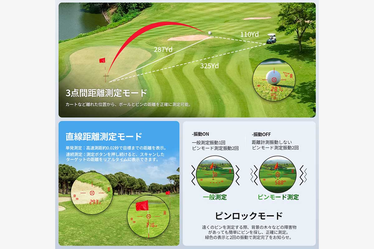 直線距離測定モード、ピンロックモード、3点間距離測定モードに対応