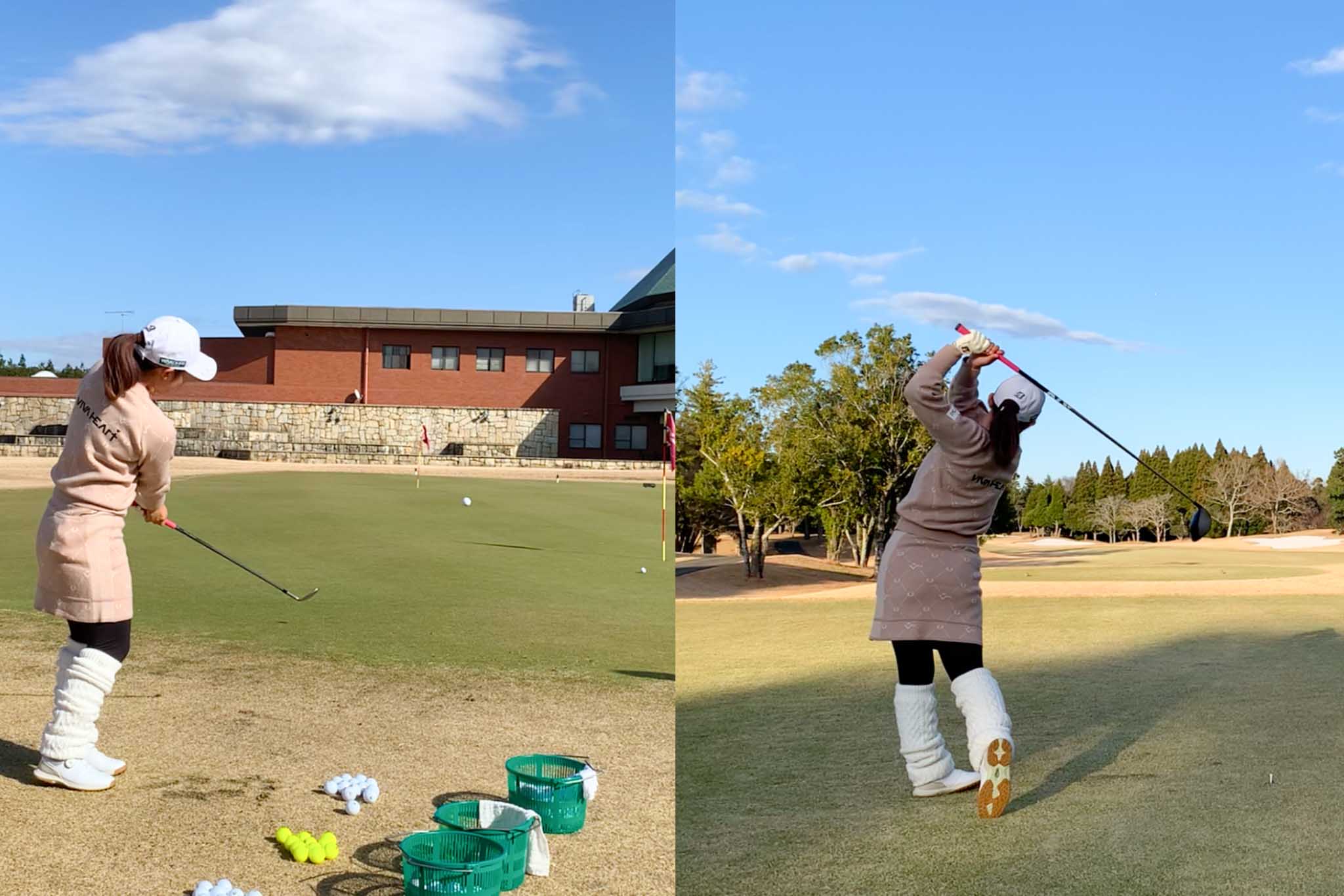 アプローチグリーン＆コースにて、古江彩佳プロがお気に入りボールである新「ツアーB XS」と新「ツアーB X」「JGR」の打ち比べデモンストレーションを披露してくれた