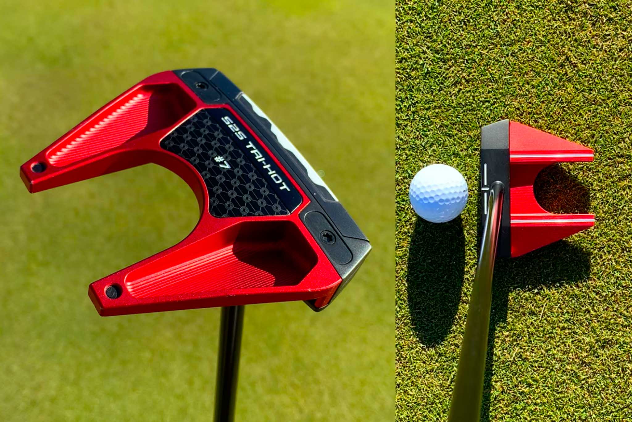 オデッセイの人気ツノ型ヘッド「＃7」がゼロトルクにブラッシュアップし、アライメントと抜群の方向性を両立。フェース寄りに重心を持たせるため、赤い部分のソール側には重量を減らすべく大きな窪みが開けられている