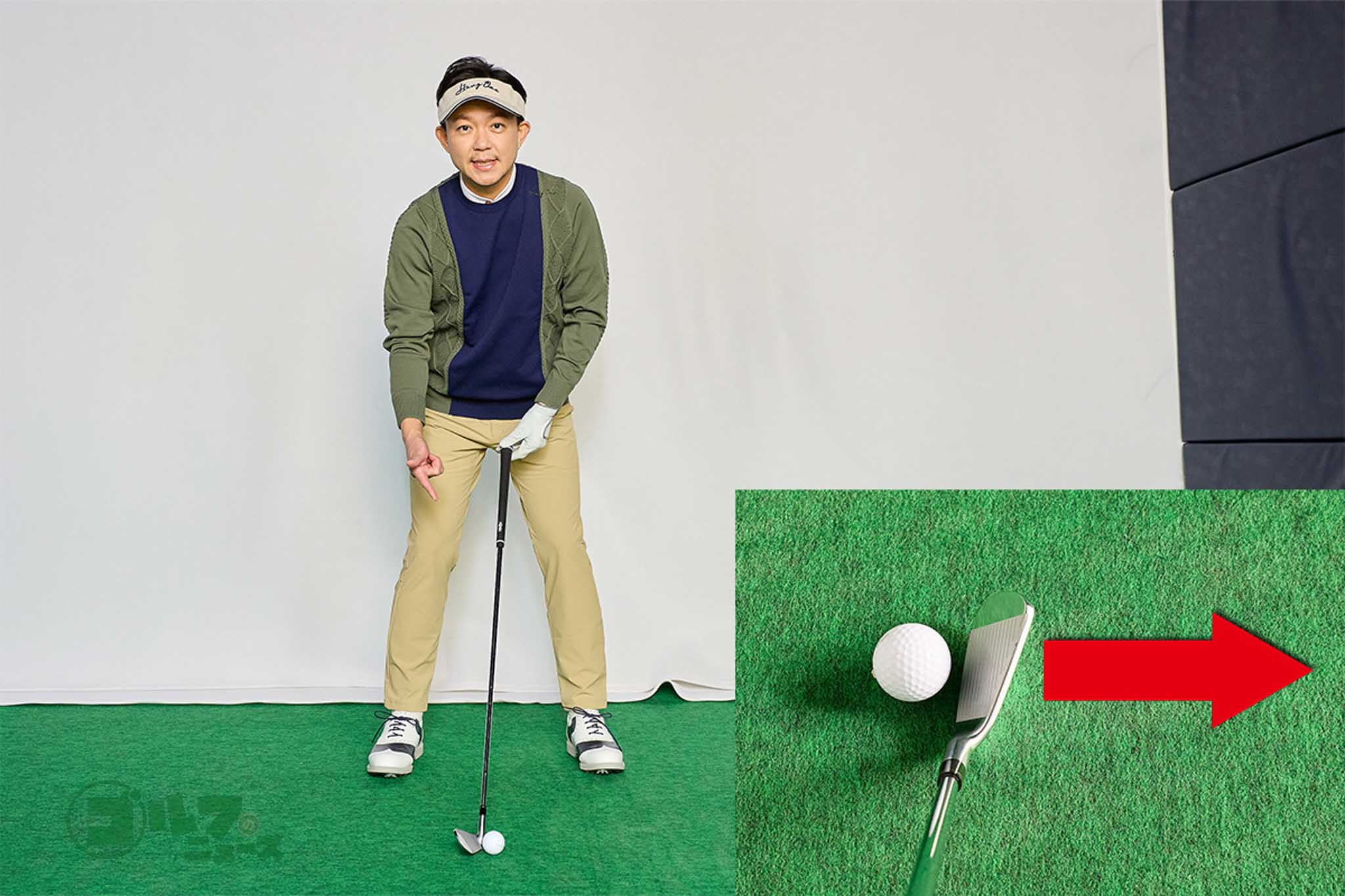 あらかじめややフェースが開いた状態にしてグリップ。そのままソールしてフェースが開いたアドレスにする　写真:西村恵