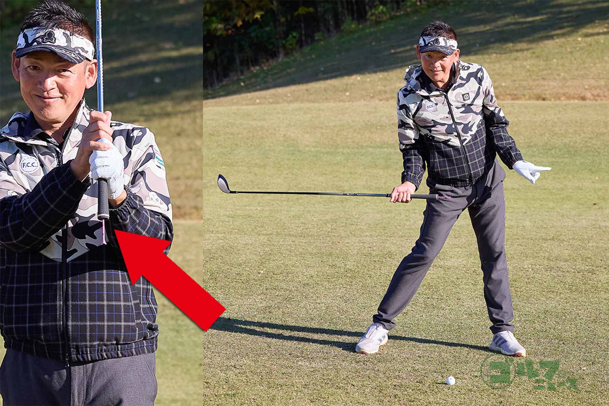 グリップエンドにティーを刺してダウンスイングの右腕の動きをチェック。手元が腰の高さに下りた時、グリップエンドがターゲット方向を向いていれば適正なタイミングで手首をリリースできたことになる　写真:西村恵