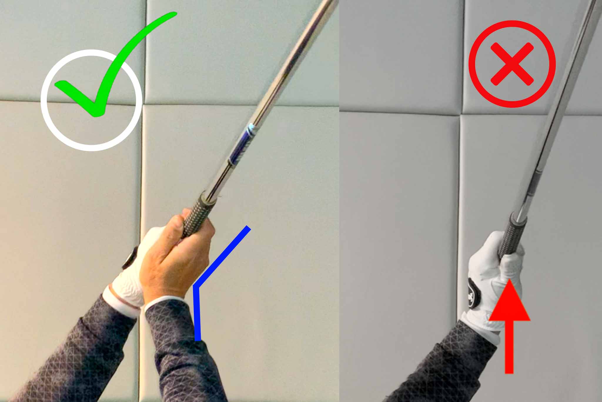 バックスイングからトップにかけて「左手首を親指側にコック」（写真右）するよりも、右手首を甲側折って「トレーに乗せた料理を運ぶとき」ような形にするほうが簡単かつシンプル