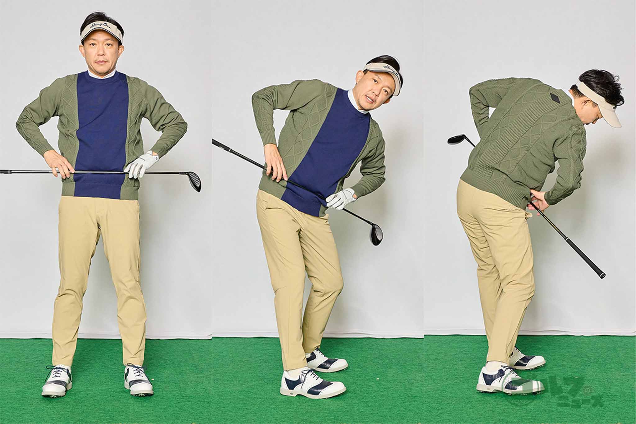 腰にクラブをあてがいゆっくりスイングアクション。アドレスとインパクトのタイミング以外では、常にクラブのヘッド側とグリップ側とで高低差が生まれる　写真:西村恵