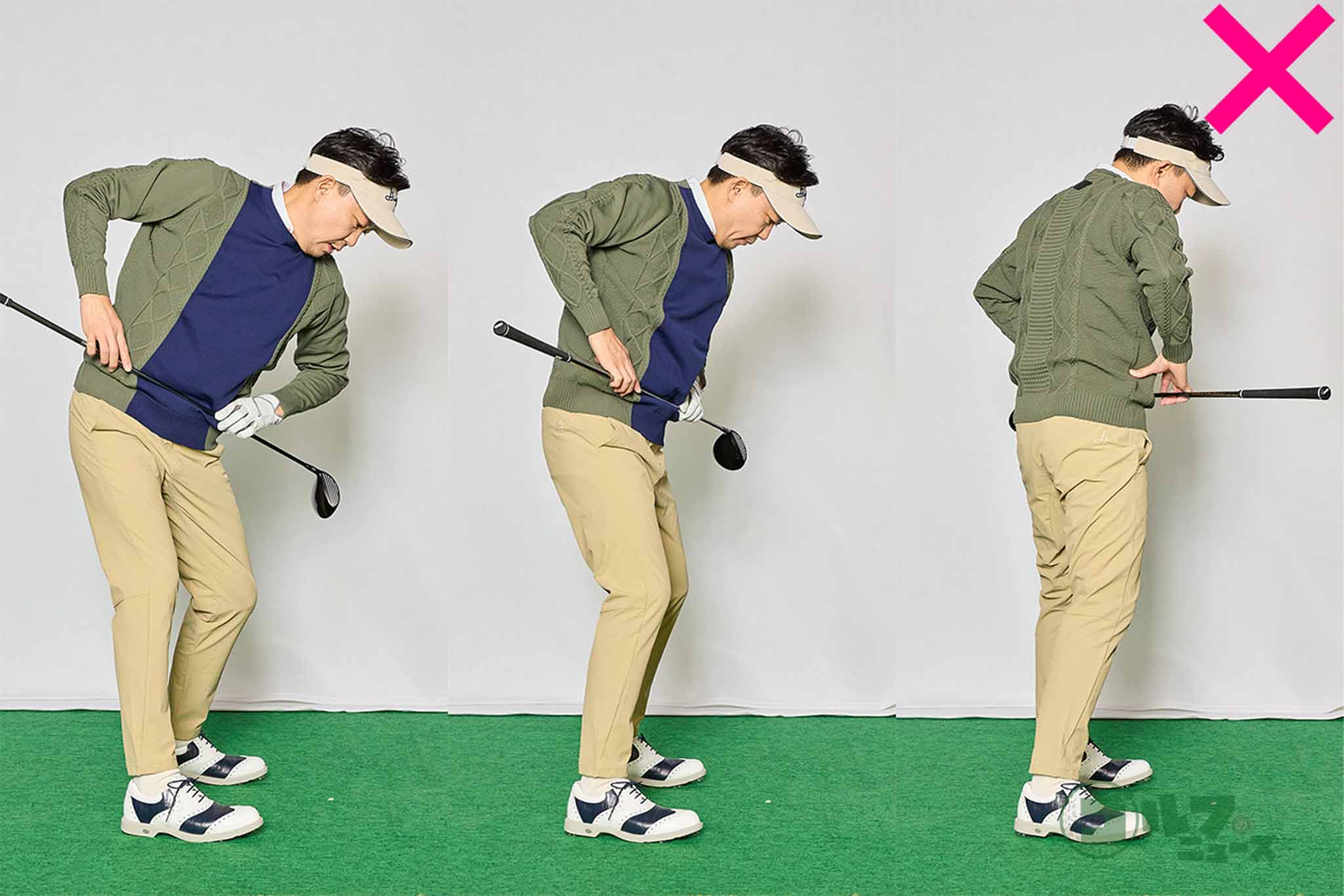 バックスイング時はおヘソが下を向いたまま動けるが、ダウンスイング以降でおヘソが正面を向く人が圧倒的に多いので、1日に何度かチェックする習慣をつけたい　写真:西村恵