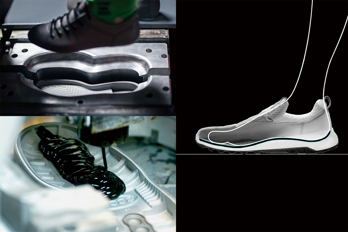 FLUIDFORM（TM）（フルイドフォルム）製法のイメージ。一体成型製法で、耐久性向上や履き心地の良さに寄与する