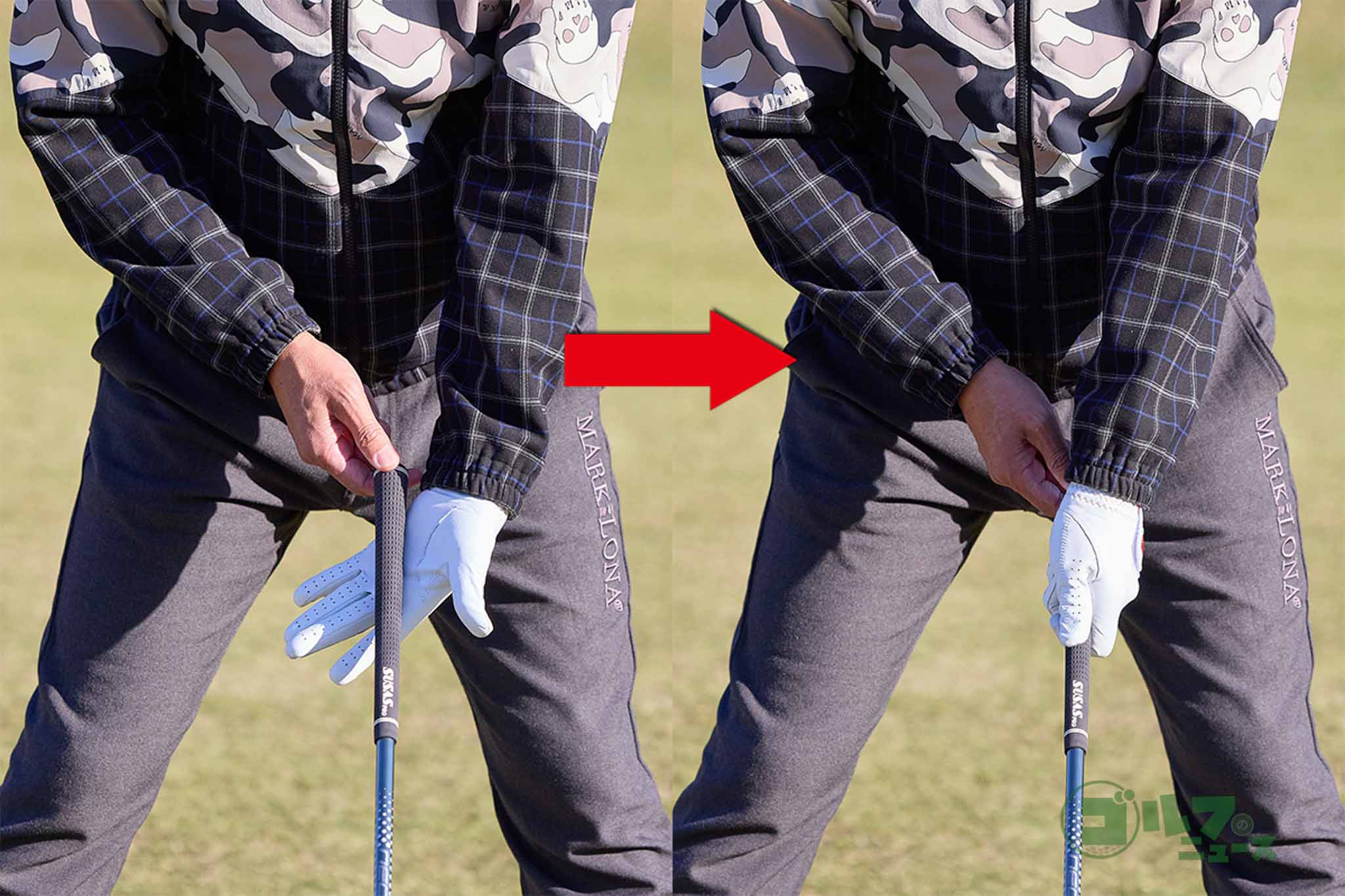 左手をストロンググリップにすると左のミスが出やすくなる。引っかけグセがある人には左手はウイークグリップがオススメ。手の平と指の境目にグリップを置いてから左手を握るとウイークグリップで握れる　写真:西村恵