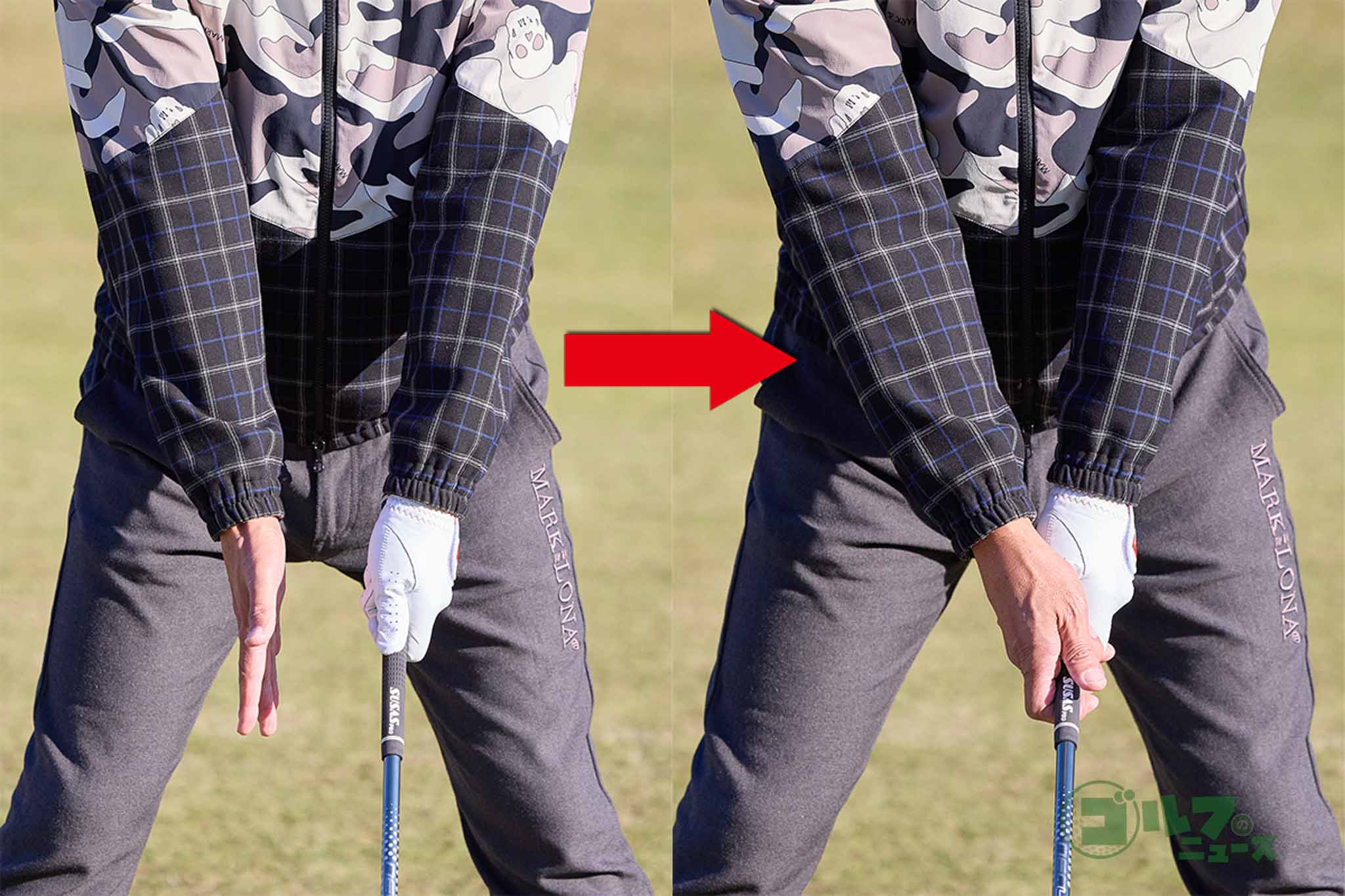 左手をウイークグリップで握ったら、右手は手の平を目標方向に向けるように握る。このグリップならスイング中、フェースが極端に返らない　写真:西村恵