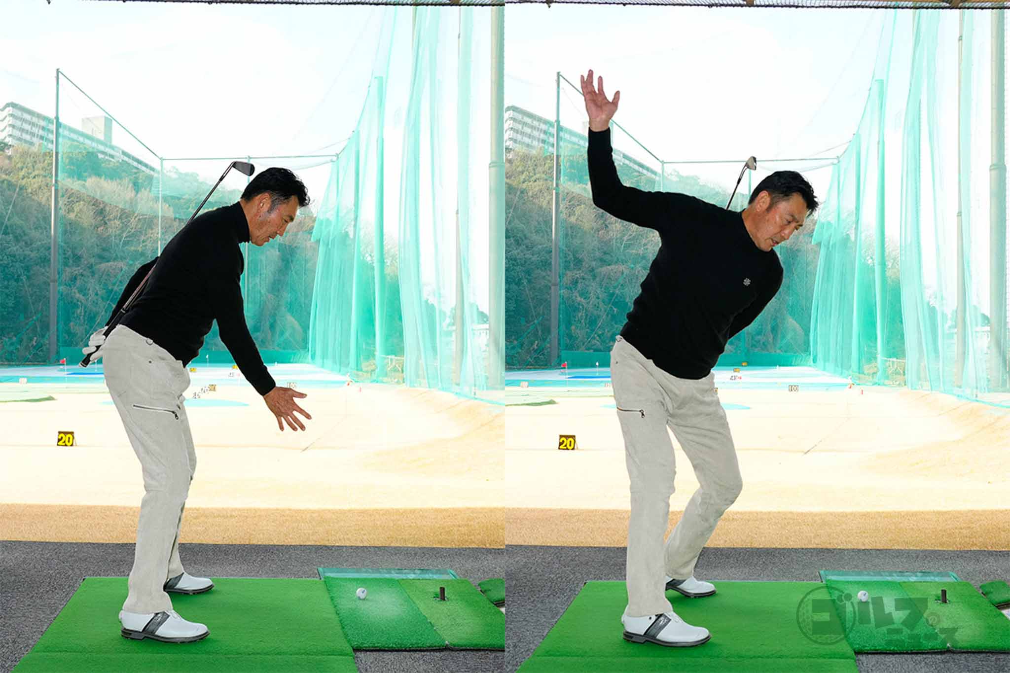 実際に背中にクラブを当て「背骨」だとイメージしながら、上体を捻転してみる　写真:鈴木祥