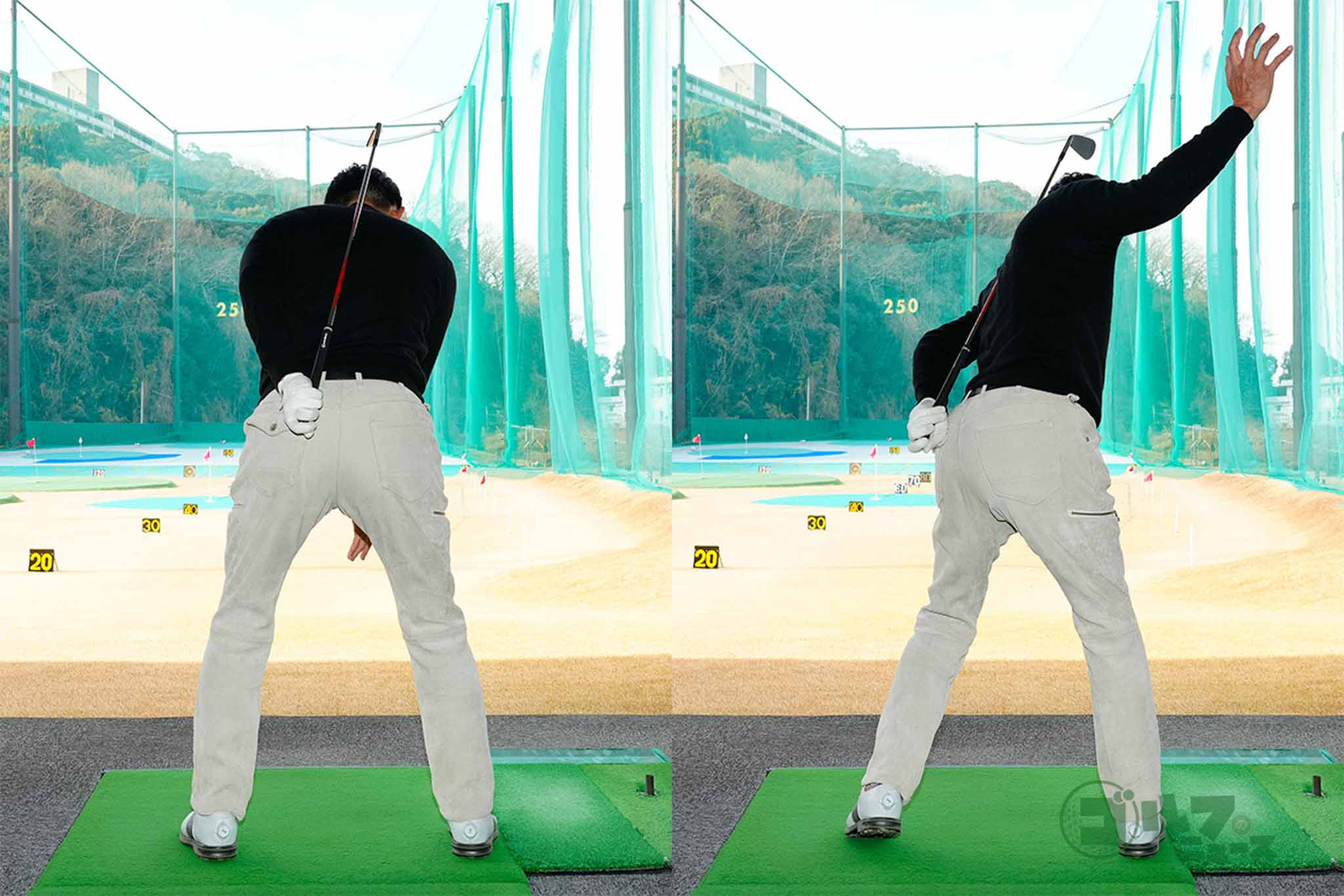 背骨にクラブを当て、それを中心に上半身を捻転してみる。その際、クラブの位置や角度が変わらないようにする　写真:鈴木祥