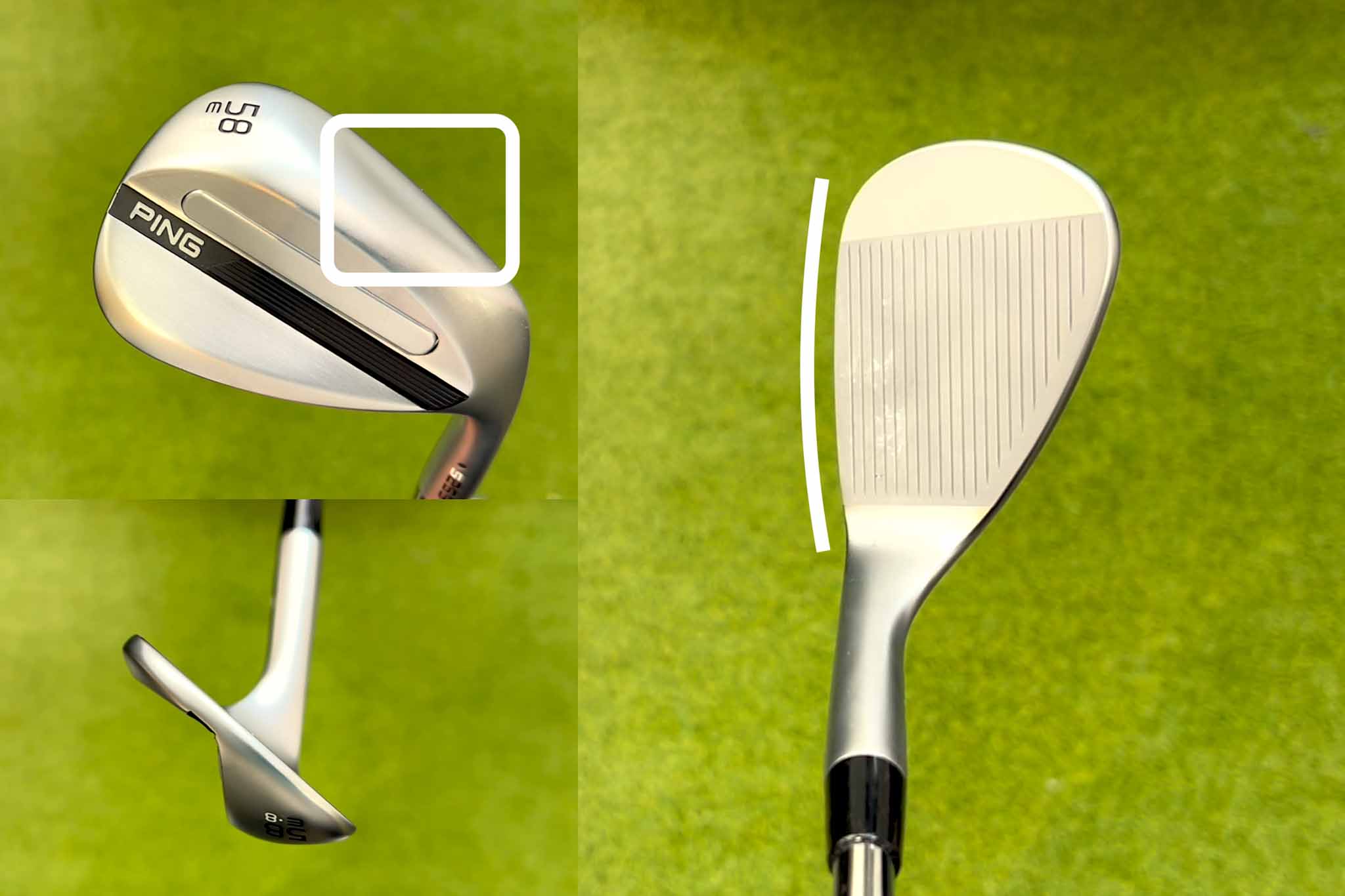 中央部がヘコんでいるピン独自の「Eグラインド」ソール。「s259」では美顔にアップデートされ、バンカーだけでなくアプローチ時も威力を発揮してくれる