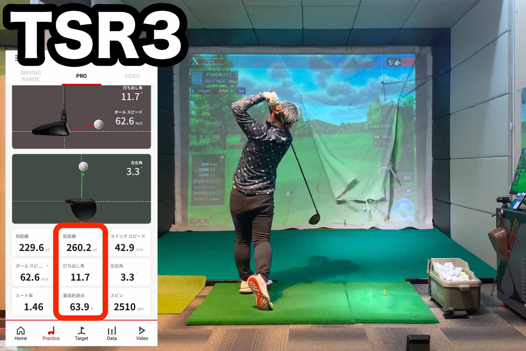 現代ドライバー「TSR3」は打ち出し角とキャリー飛距離が安定し、ミスヒット時でも方向性に優れていた