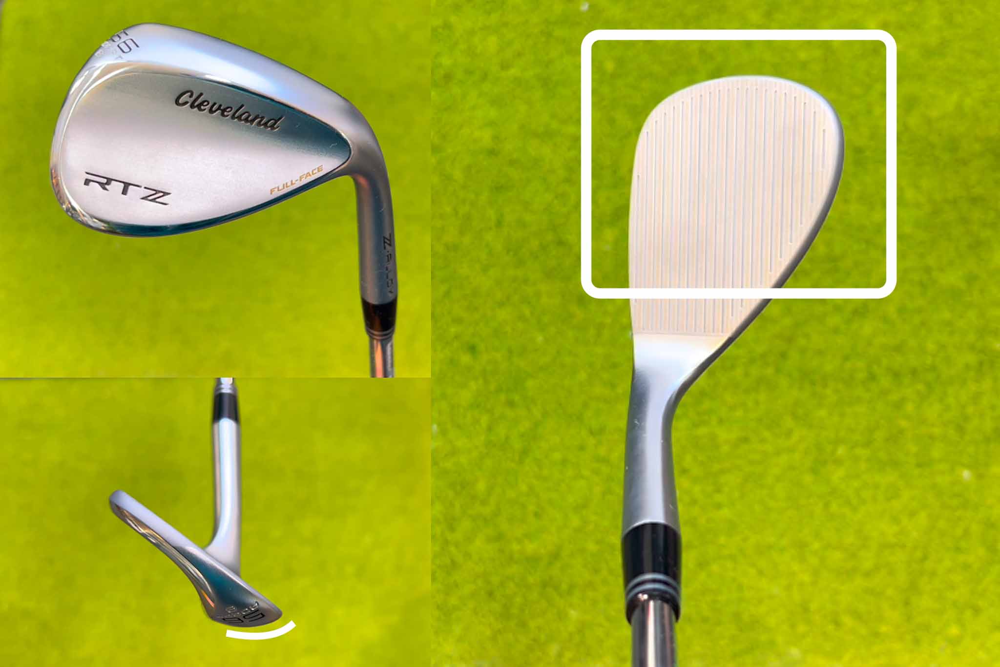 クリーブランドRTZに採用されている「ADAPTグラインド」はスコアラインがトゥ側まで伸びた「FULL FACE」に採用。打点がヒールに寄りにくくなり、シャンクを防止する効果も