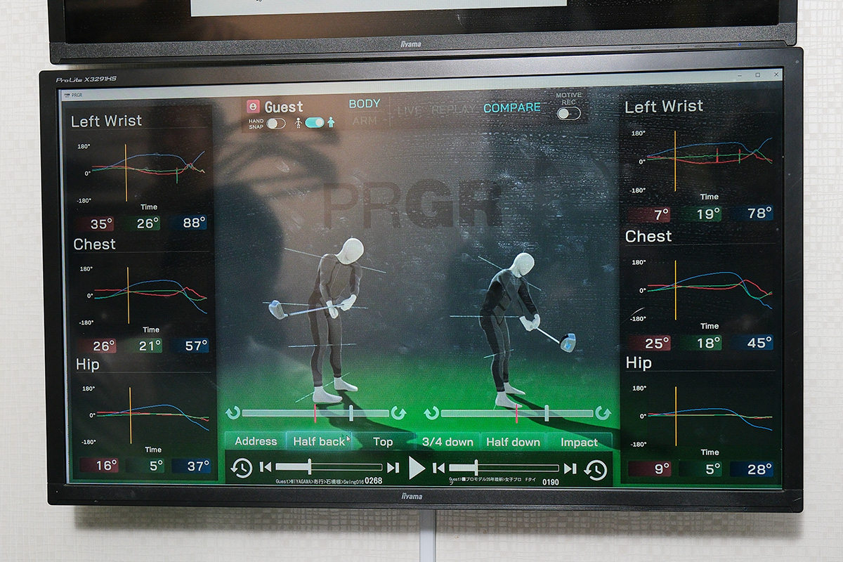 「PRGR ScienceFit」の様子。映像と数値でさまざまな特徴や癖が分かる