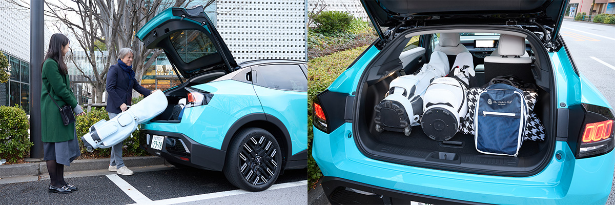 待ち合わせ場所の代官山に到着した相沢さん。今回のゴルフ旅を楽しみにしていたようだ。ゴルフバッグが1つであればリアシートを倒さずに積載できるが、2つとなるとリアシートを倒すのが無難[写真：望月浩彦]