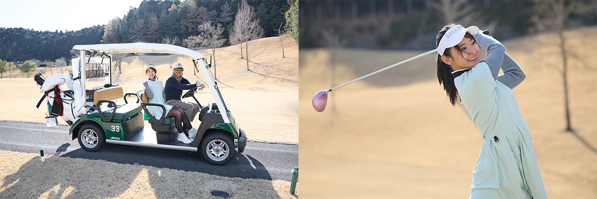 ゴルフカートに乗って移動する2人。初めてのラウンドだった相沢さんも終始笑顔でゴルフを楽しんだ[写真：望月浩彦]