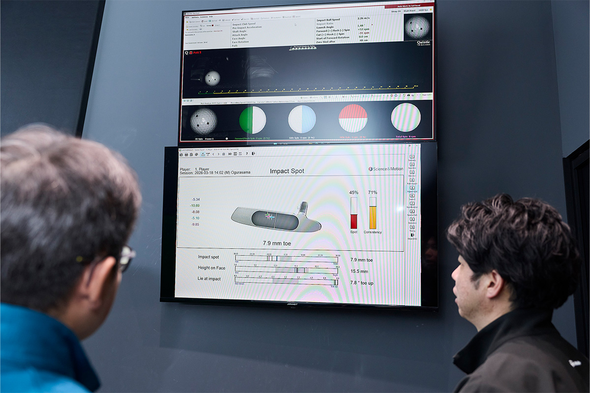 3D解析システムでストローク軌道やフェース向きを立体的に可視化。自分では気付きにくいクセまで把握できるテーラーメイドのパターフィッティング[写真：西村恵]