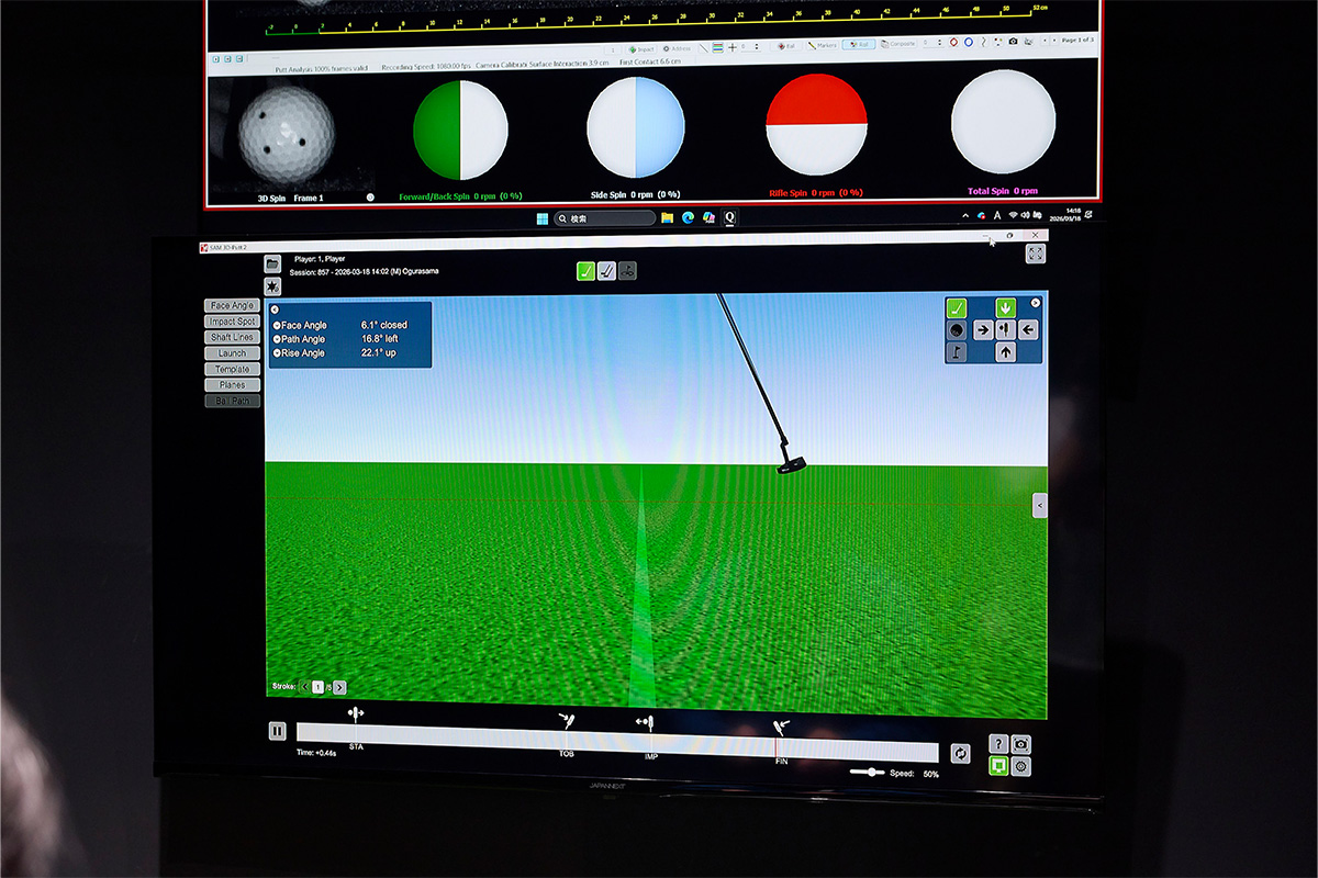 3D解析システムでストローク軌道やフェース向きを立体的に可視化。自分では気付きにくいクセまで把握できるテーラーメイドのパターフィッティング[写真：西村恵]