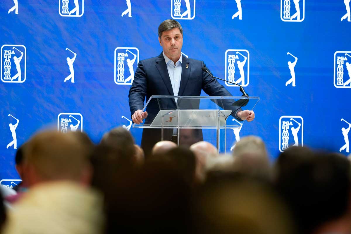 「ザ・プレーヤーズ選手権」開幕前の記者会見に臨むブライアン・ローラップCEO　写真：Getty Images