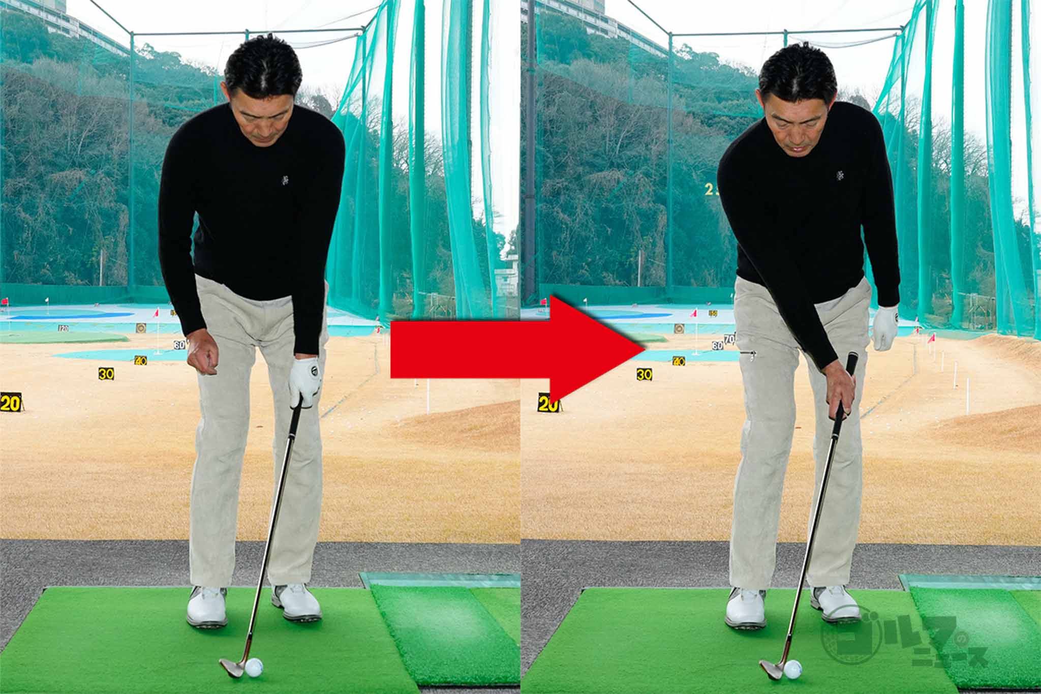 最初に左手1本でクラブを握り、グリップの位置を変えずに右手で握り変えると、右手1本でも正しく構えることができる　写真:鈴木祥