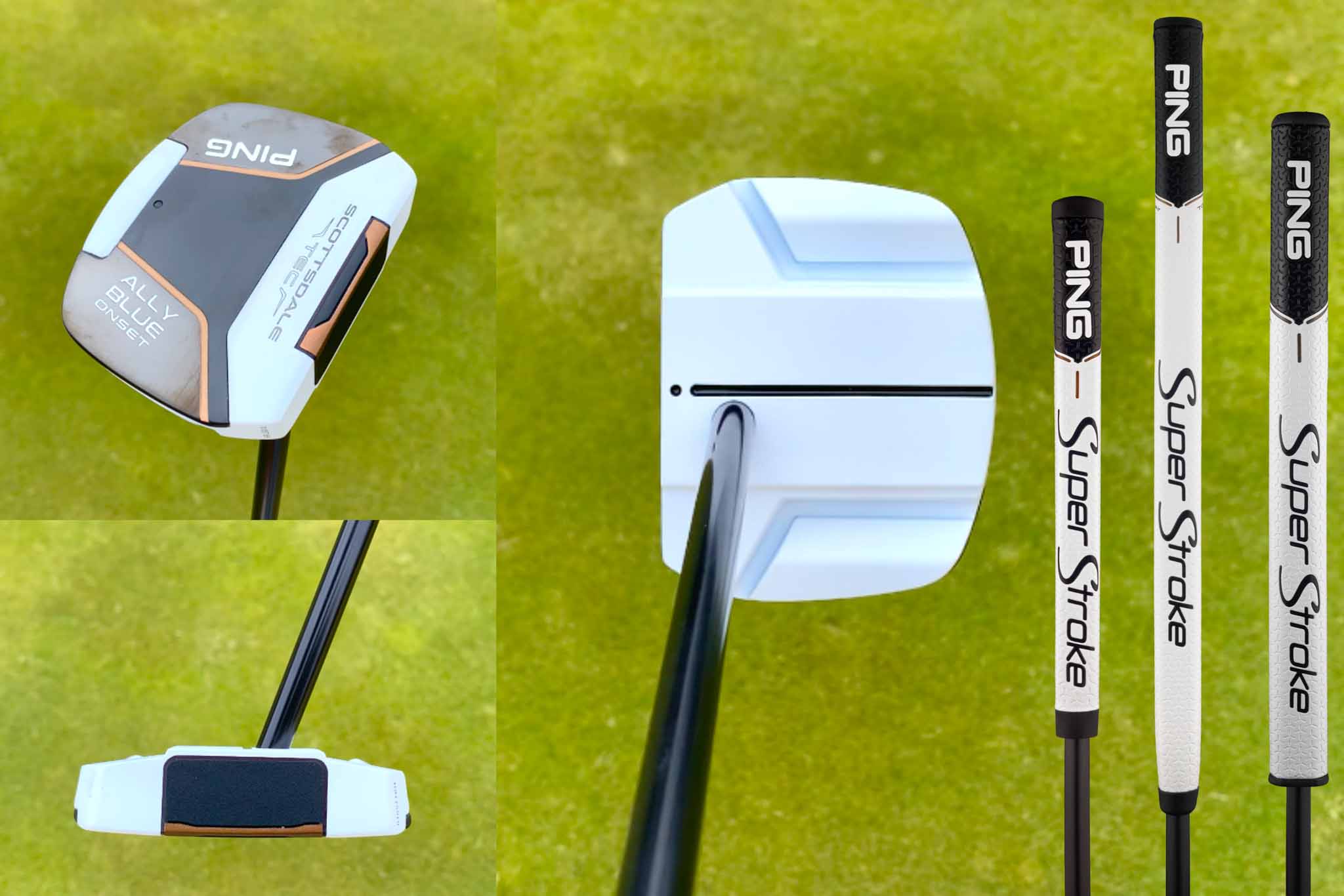 ドットとサイトラインによってアドレス時の集中が誰でも自然にできるのが「EYE-Q（アイキュー）」テクノロジー。それが搭載された「スコッツデールTEC(テック)」パター（写真は「アリーブルーオンセット」）には3タイプのグリップが用意されている