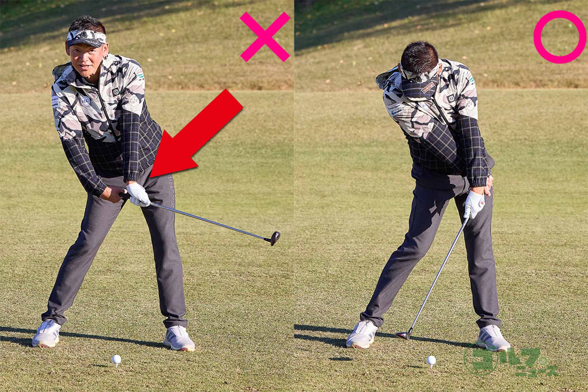 ダウンスイングでグリップエンドが飛球線後方を向かないように注意。グリップエンドが体の左側を向いた状態でインパクトすれば、理想的なハンドファーストになる　写真:西村恵