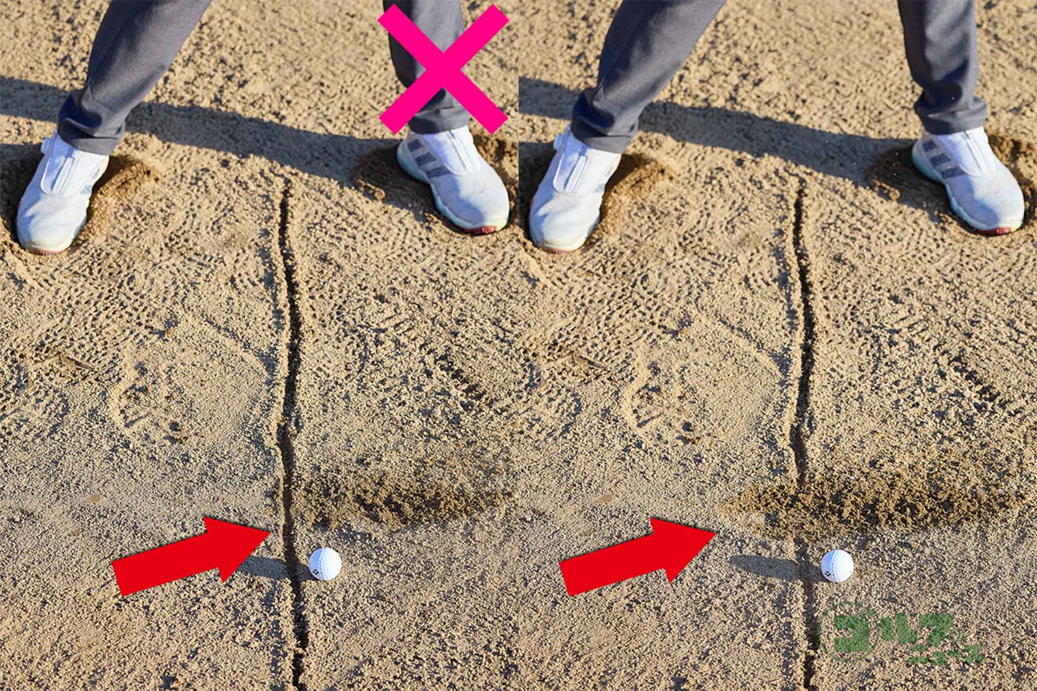 ボールの手前にラインを引き、ラインごとボールを飛ばすイメージでスイング。ヘッドが上から入ってキレイにボールを飛ばすことができる　写真:西村恵